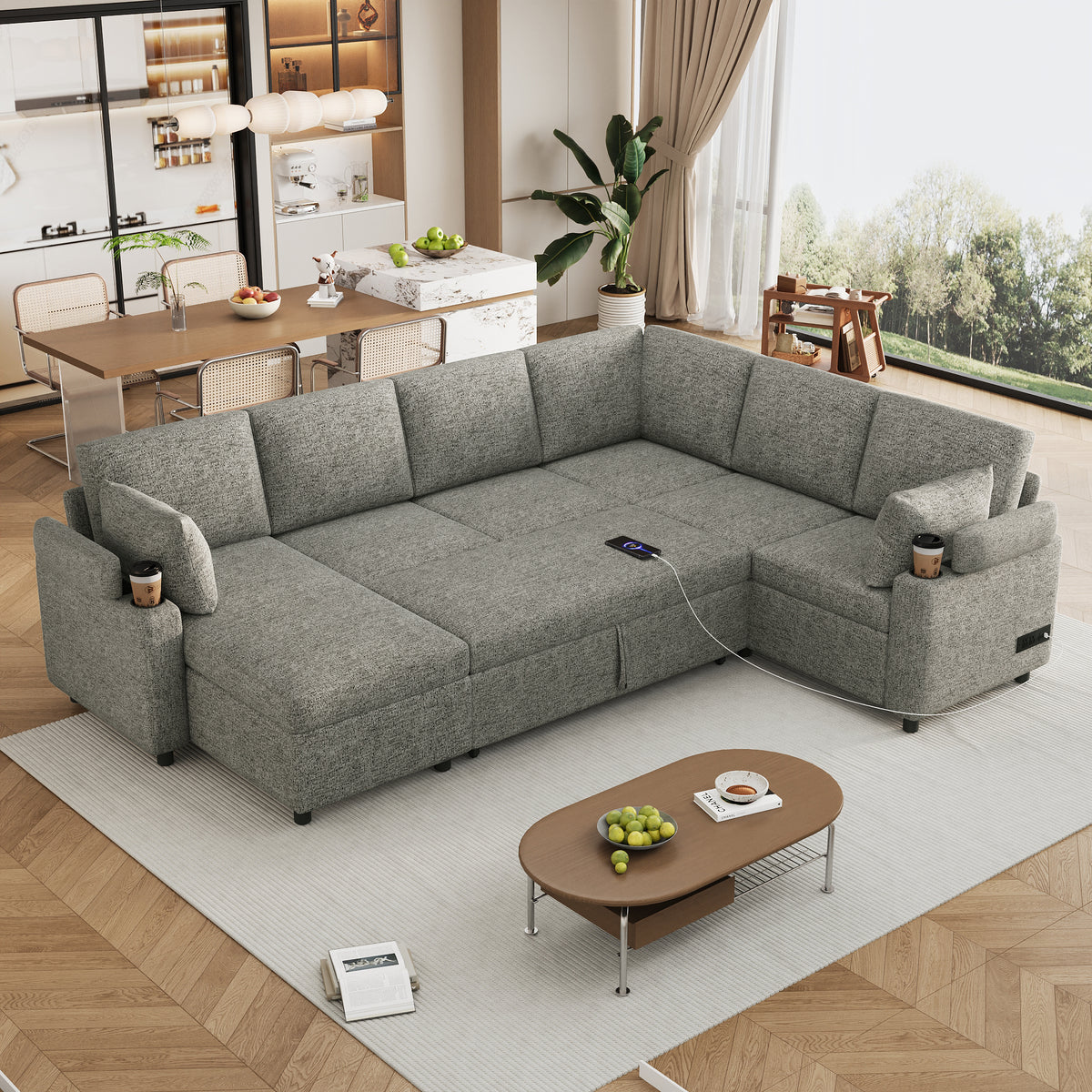 Light grey Anthony & Home chenille sectional sofa bed with plush cushions and modern design, showcasing its versatile convertible feature.