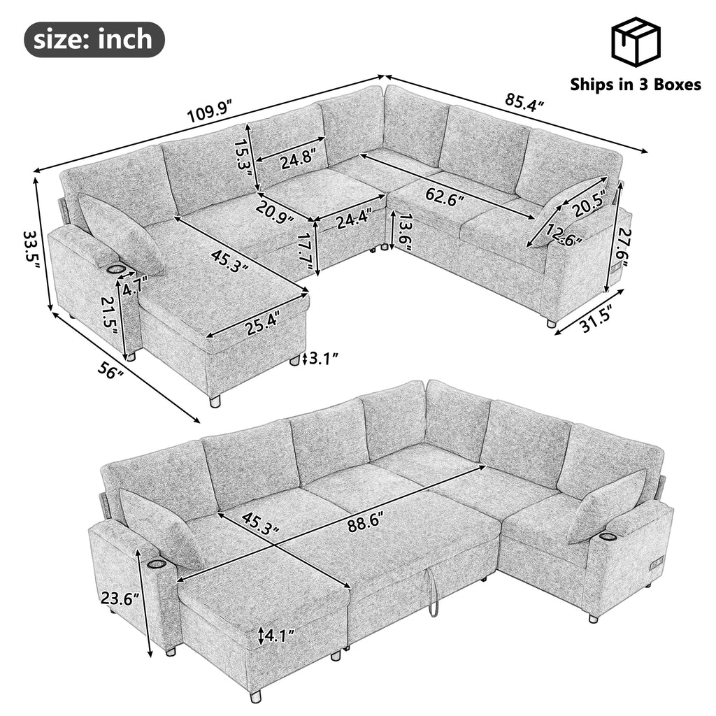 Light grey Anthony & Home chenille sectional sofa bed in exclusive edition, showing plush fabric and modern design.