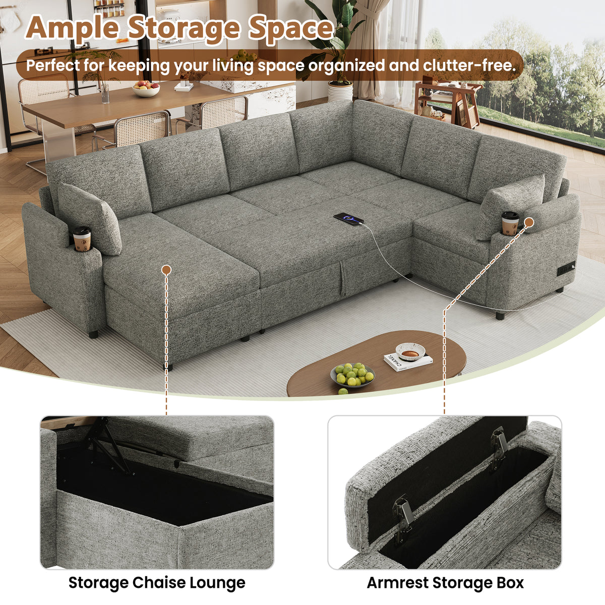 Light grey Anthony & Home chenille sectional sofa bed with plush cushions and modern design, showcasing its versatile seating and sleeping features.
