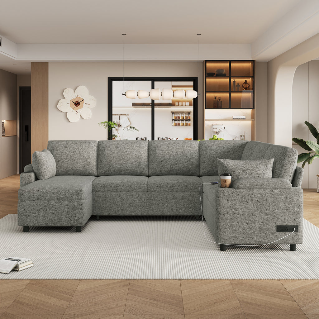 Light grey Anthony & Home chenille sectional sofa bed, exclusive edition, featuring plush cushions and modern design.
