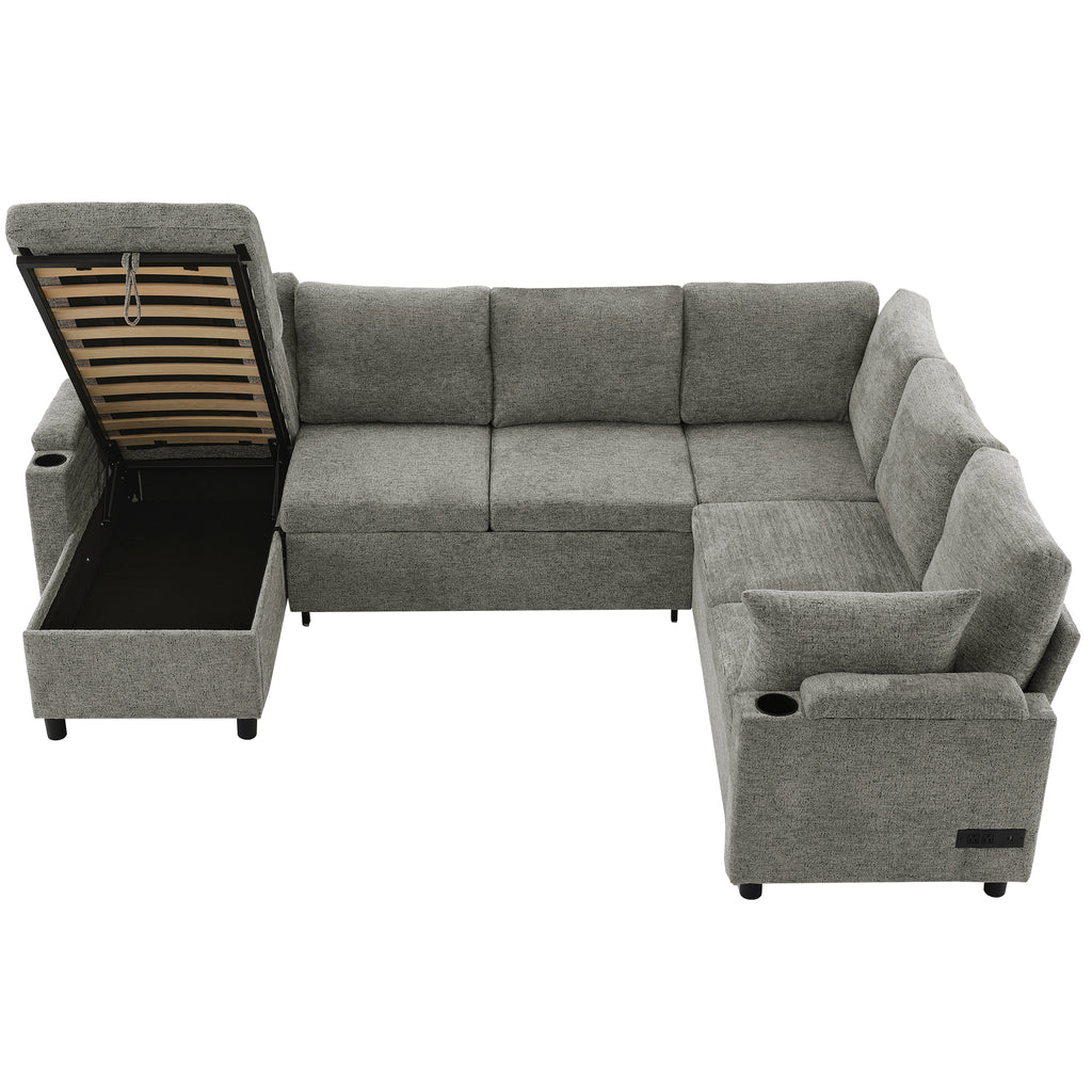 Light grey chenille sectional sofa bed by Anthony & Home, featuring plush cushions and modern design in an exclusive edition.
