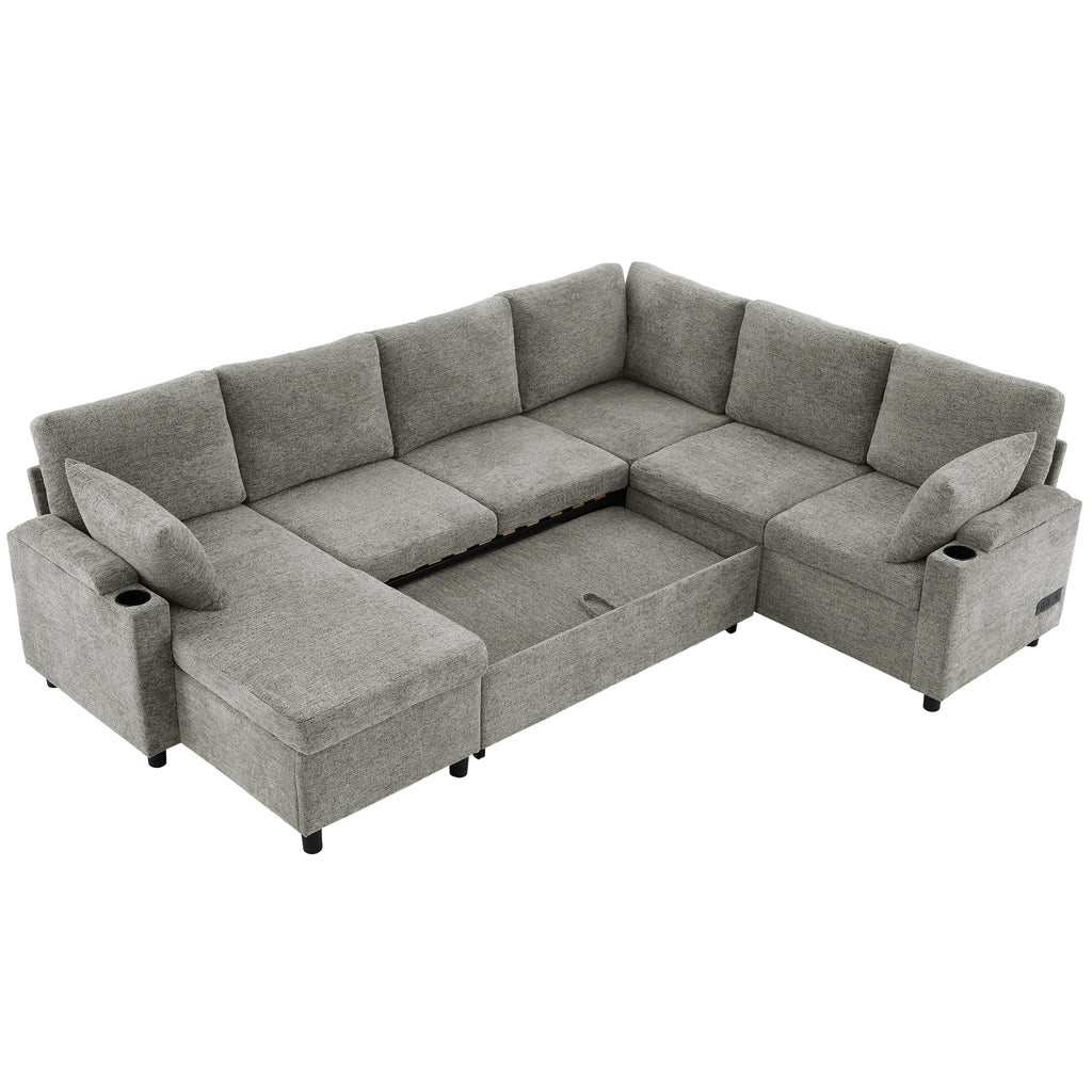 Light grey chenille sectional sofa bed from Anthony & Home, showing plush upholstery and modern design in a spacious living room.