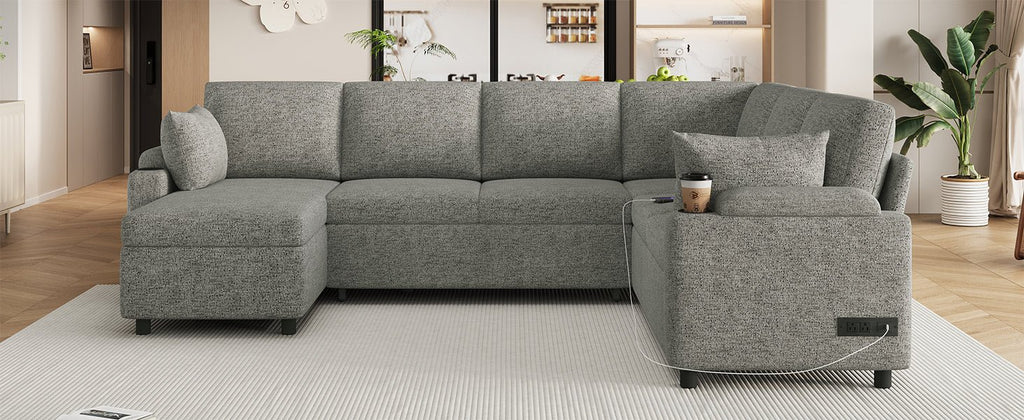 Light grey Anthony & Home chenille sectional sofa bed with plush cushions, showcasing its spacious design and cozy fabric.