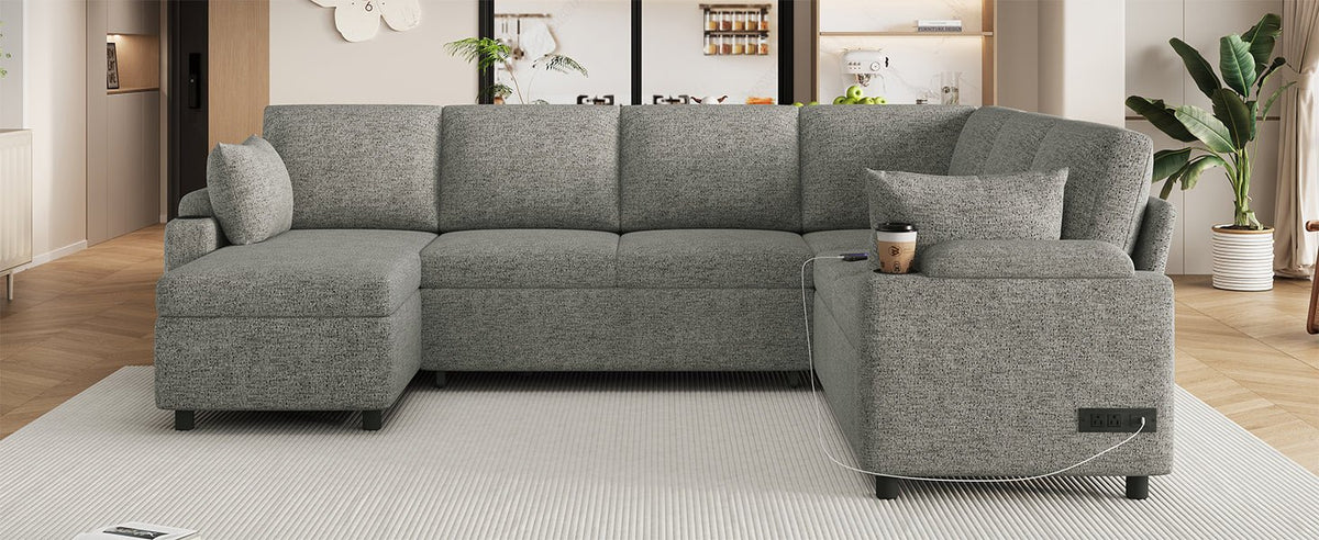 Light grey Anthony & Home chenille sectional sofa bed with plush cushions, showcasing its spacious design and cozy fabric.