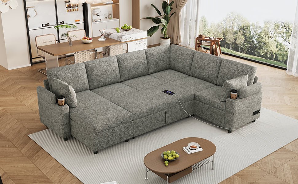 Light grey Anthony & Home Chenille sectional sofa bed with plush cushions, showcasing its cozy, versatile design.