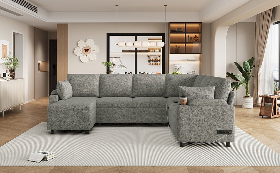 Light grey Anthony & Home Chenille sectional sofa bed in an exclusive edition, showcasing a modern and comfortable living room setup.
