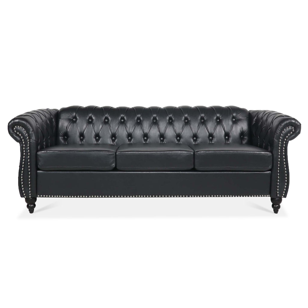 Anthony & Home Chesterfield rolled-arm three-seater sofa with plush upholstery and classic tufted design in a stylish living room setting.