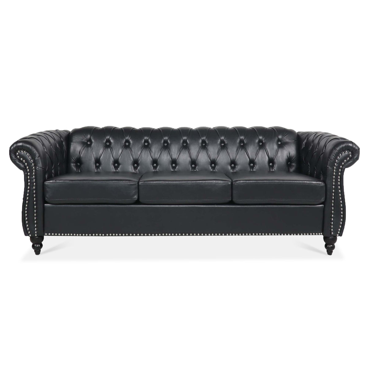 Anthony & Home Chesterfield rolled-arm three-seater sofa with plush upholstery and classic tufted design in a stylish living room setting.