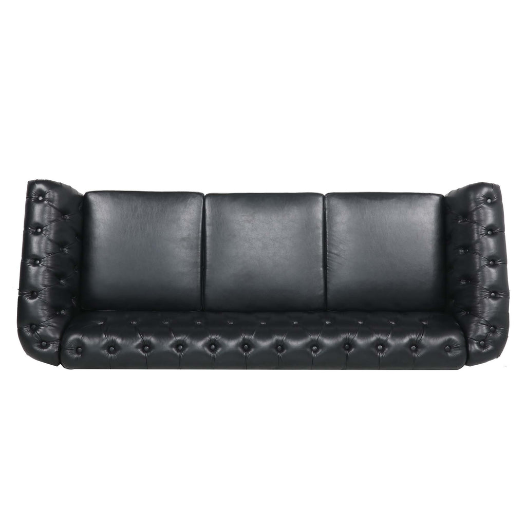 Anthony & Home Chesterfield rolled-arm three seater sofa with tufted upholstery and wooden legs, showcasing classic and elegant design.