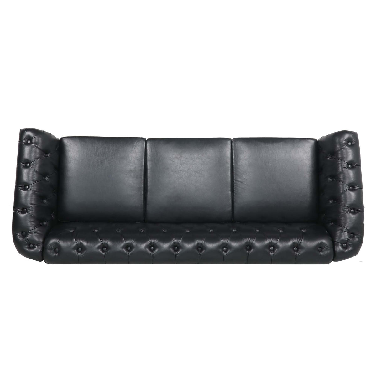 Anthony & Home Chesterfield rolled-arm three seater sofa with tufted upholstery and wooden legs, showcasing classic and elegant design.