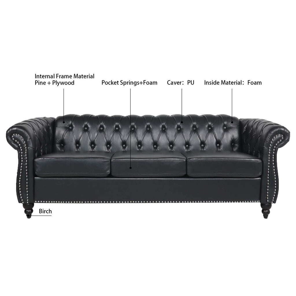 Anthony & Home Chesterfield rolled-arm three-seater sofa with plush upholstery and classic design, shown in a stylish living room setting.