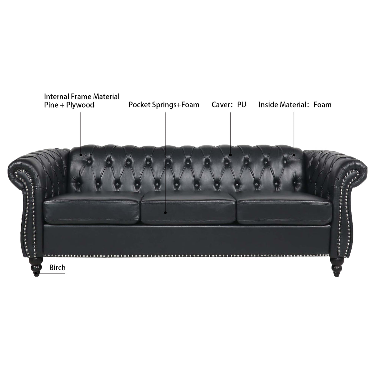 Anthony & Home Chesterfield rolled-arm three-seater sofa with plush upholstery and classic design, shown in a stylish living room setting.