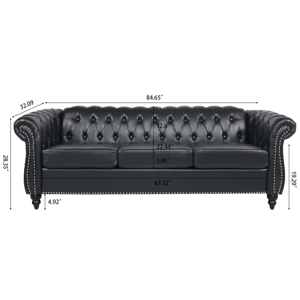 Anthony & Home Chesterfield rolled-arm three seater sofa with tufted upholstery and classic design, shown in a cozy living room setting.