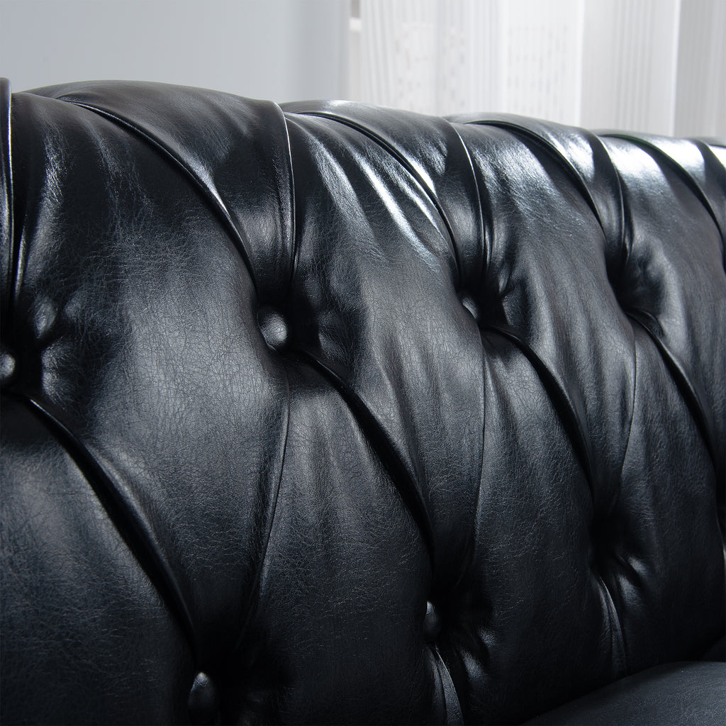 Anthony & Home Chesterfield rolled-arm three-seater sofa with tufted upholstery and wooden legs, classic elegant design.