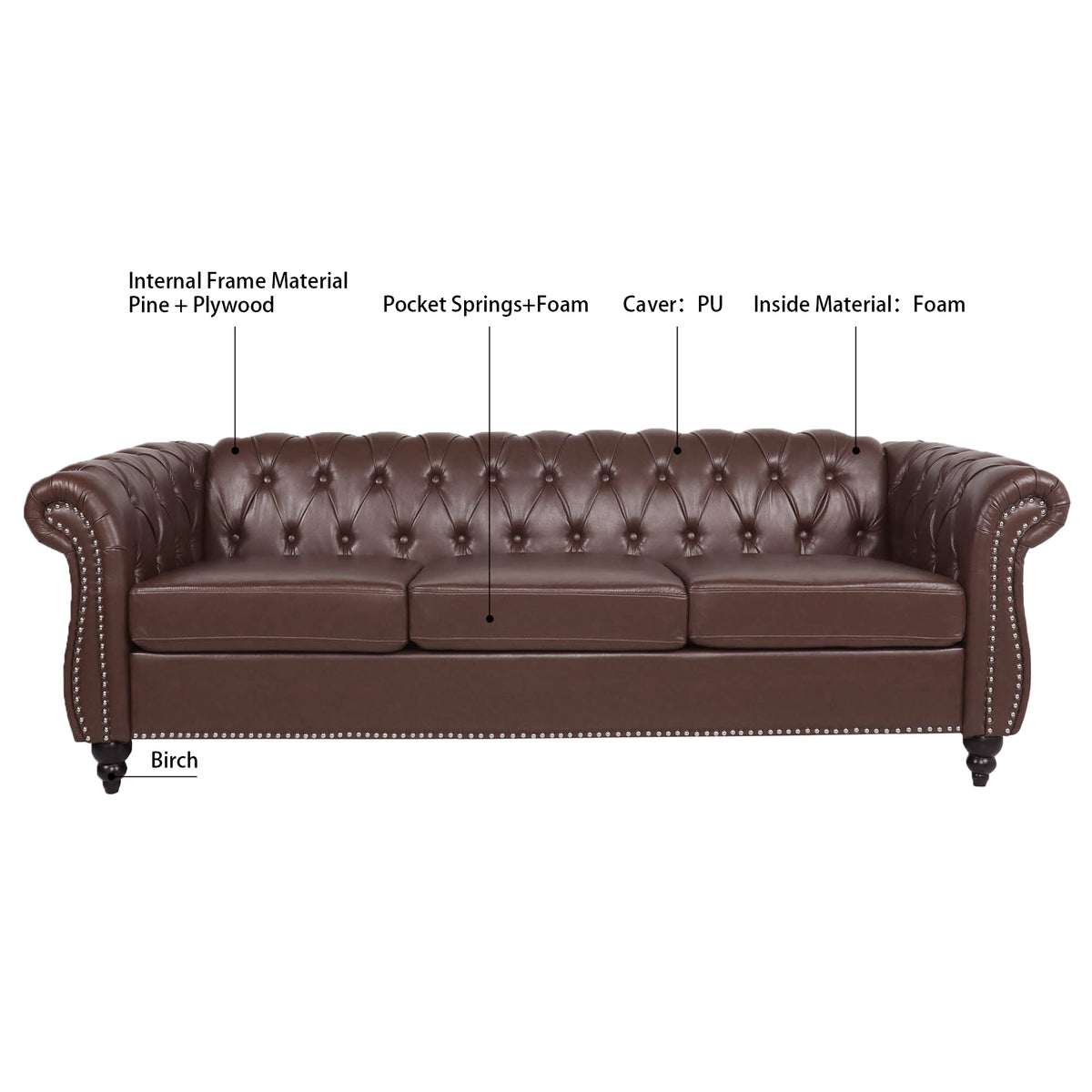 Anthony & Home Chesterfield sofa with Birch wood legs, classic button-tufted upholstery, and elegant design.
