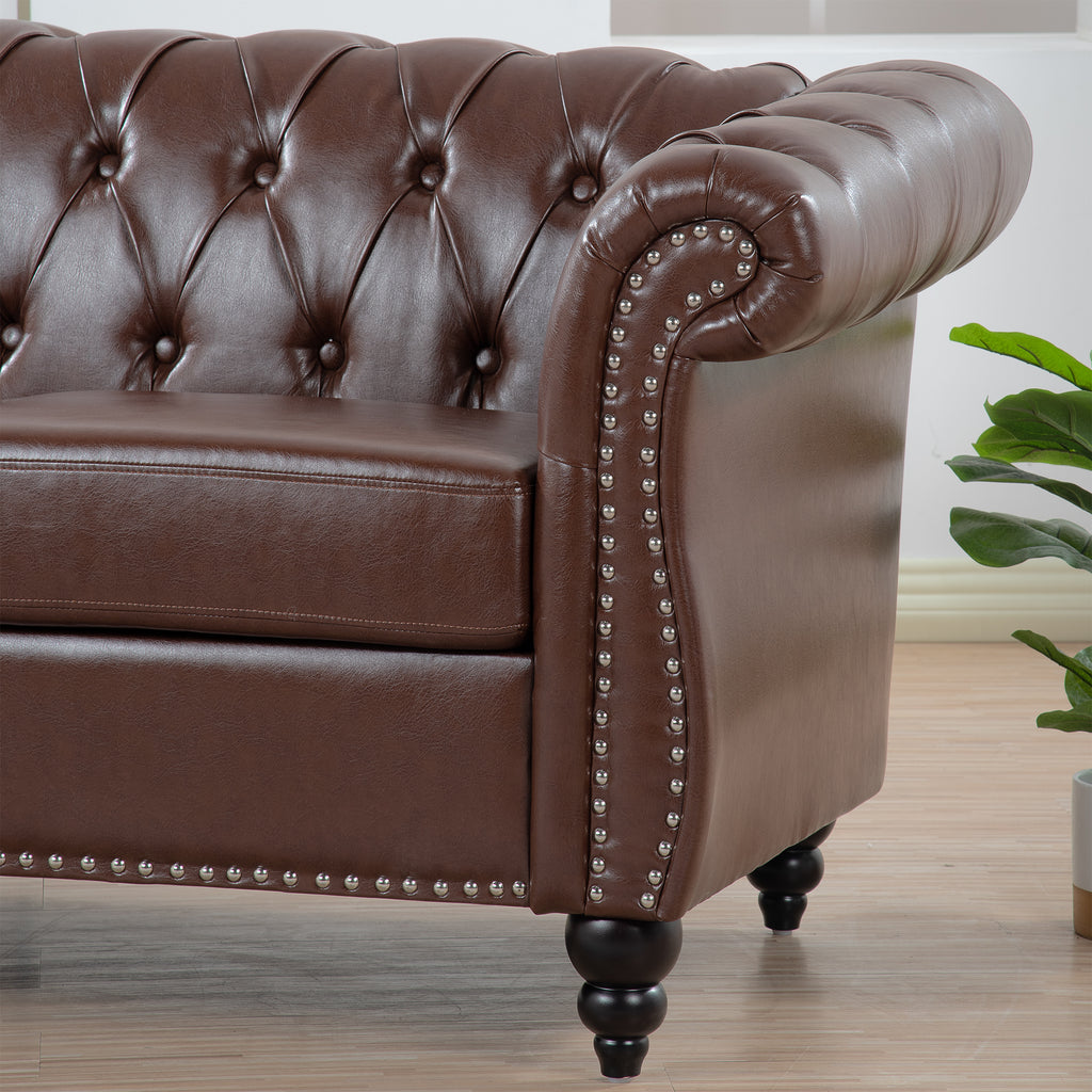 Anthony & Home Chesterfield sofa with birch wood legs, showcasing plush upholstery and classic design in a stylish living room setting.