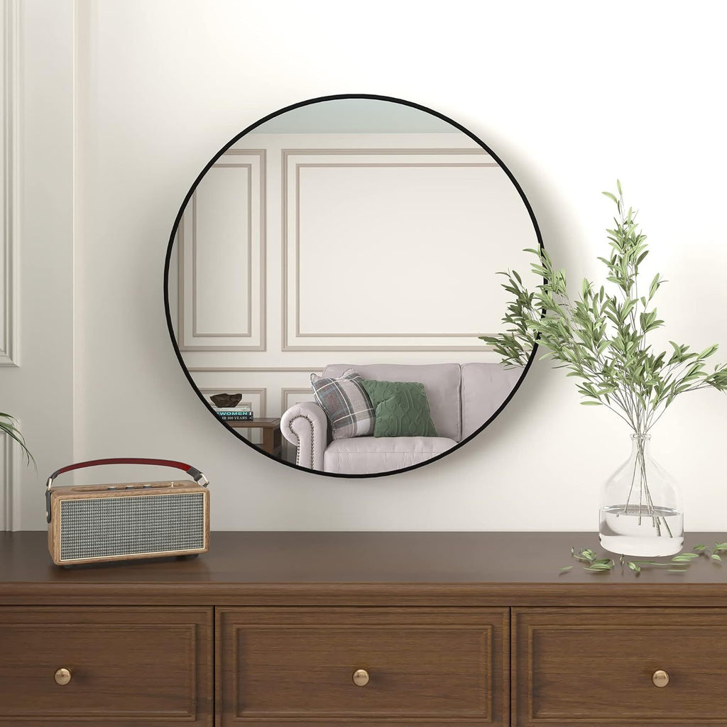 Round black aluminum frame bath mirror by Anthony & Home, 36-inch wall mount with high-definition glass.