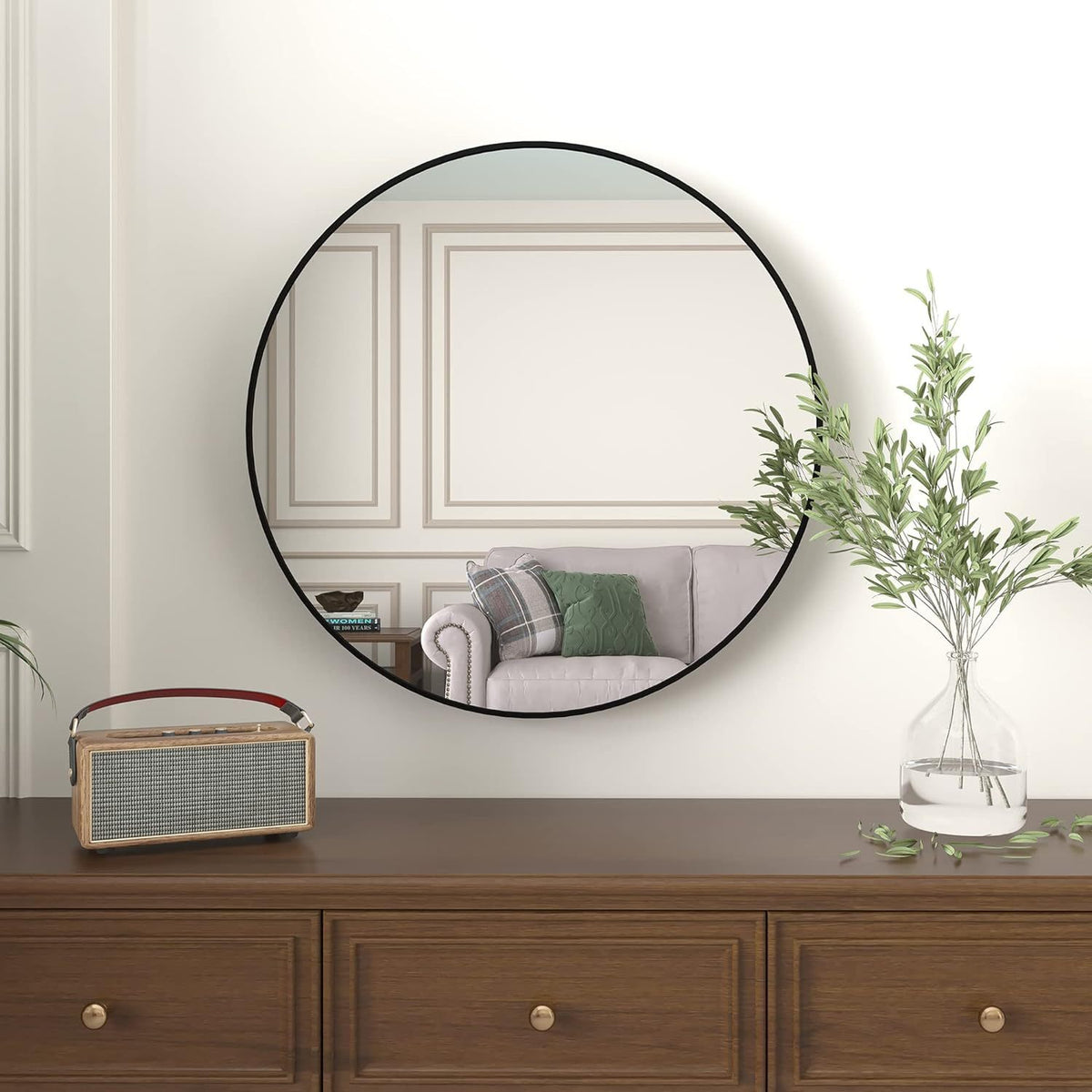 Round black aluminum frame bath mirror by Anthony & Home, 36-inch wall mount with high-definition glass.