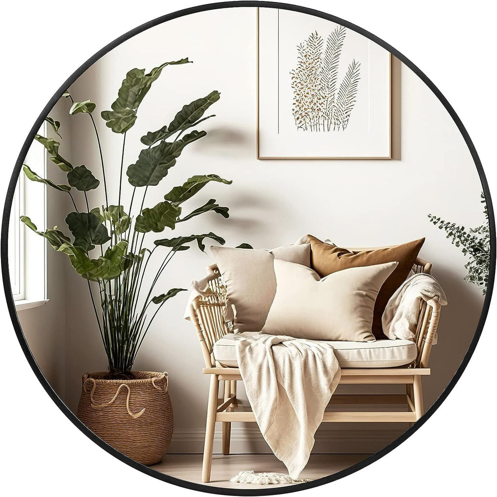 Round black aluminum frame bathroom mirror by Anthony & Home, 36-inch wall-mount with high-definition glass.