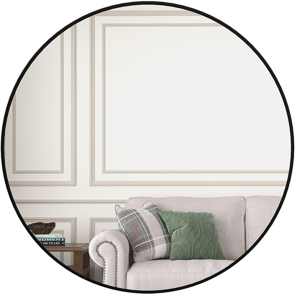 Round black aluminum frame bath mirror from Anthony & Home, 36-inch wall-mounted with high-definition glass for modern bathrooms.