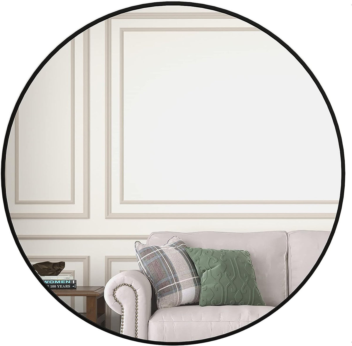 Round black aluminum frame bath mirror from Anthony & Home, 36-inch wall-mounted with high-definition glass for modern bathrooms.
