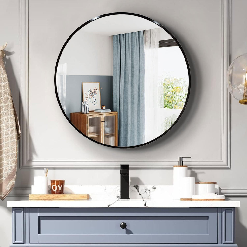Round black aluminum frame bathroom mirror by Anthony & Home, 36-inch wall-mounted mirror with high-definition glass.