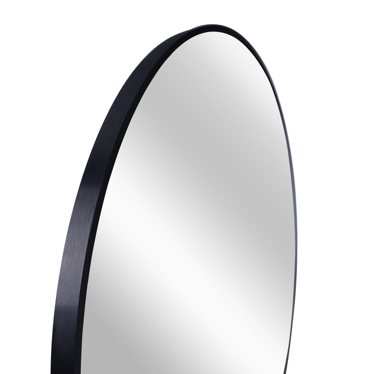 Round black aluminum bath mirror from Anthony & Home, 36-inch wall mount with high-definition glass for a sleek, modern look.