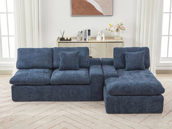 Limited edition Cloud Chenille sectional sofa by Anthony & Home showing plush, light blue fabric with modern modular design.