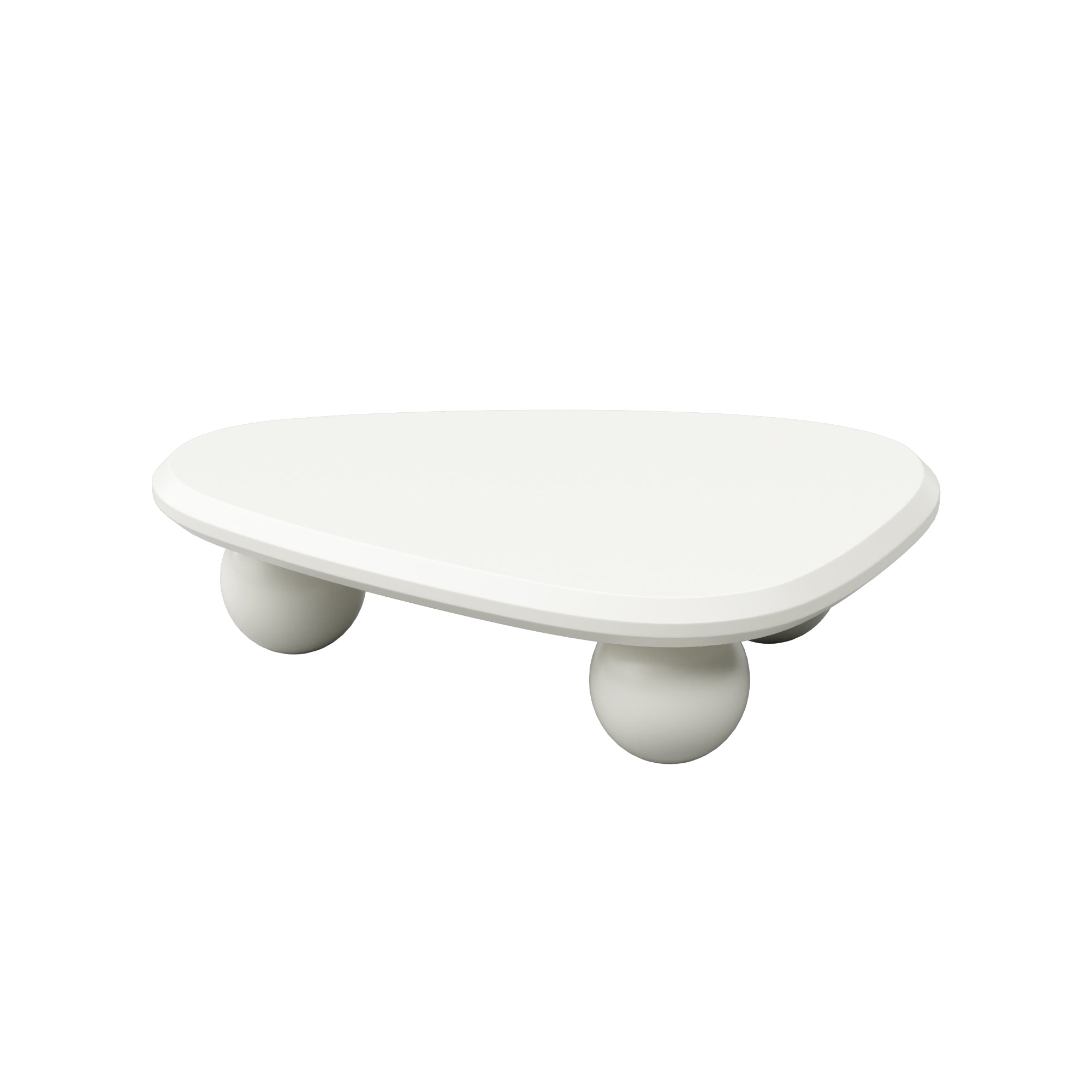 Creamy white lacquered MDF cloud-shaped coffee table with studio teardrop top and three ball legs by Anthony & Home.