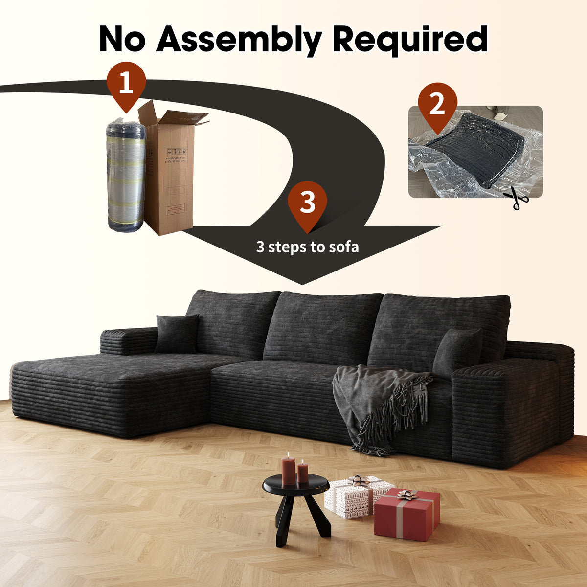 Anthony & Home 107-inch corduroy sectional sofa with L-shape chaise, featuring plush cushions and modern design.