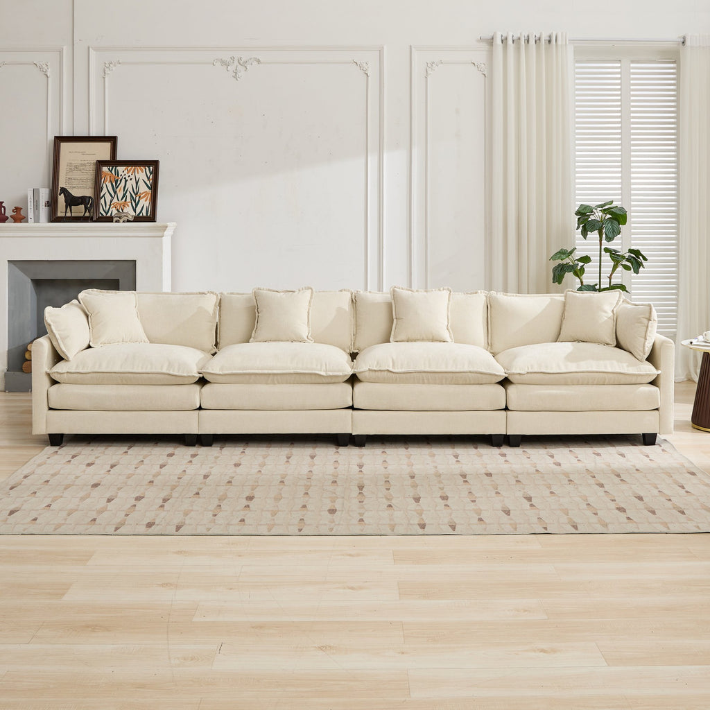 Beige chenille sectional sofa by Anthony & Home in a modern Cloud Studio design, featuring plush cushions and stylish upholstery.