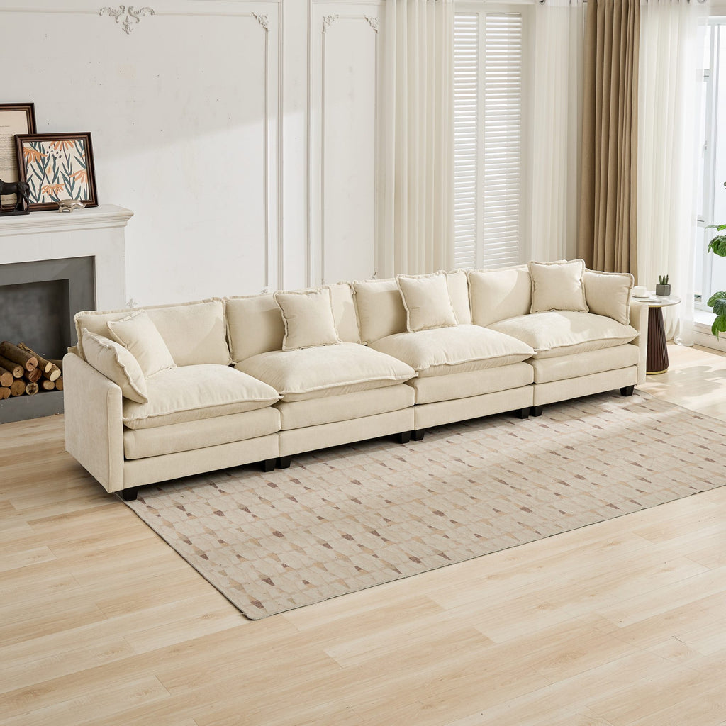 Beige chenille sectional sofa from Cloud Studio by Anthony & Home, featuring plush cushions and modern design.