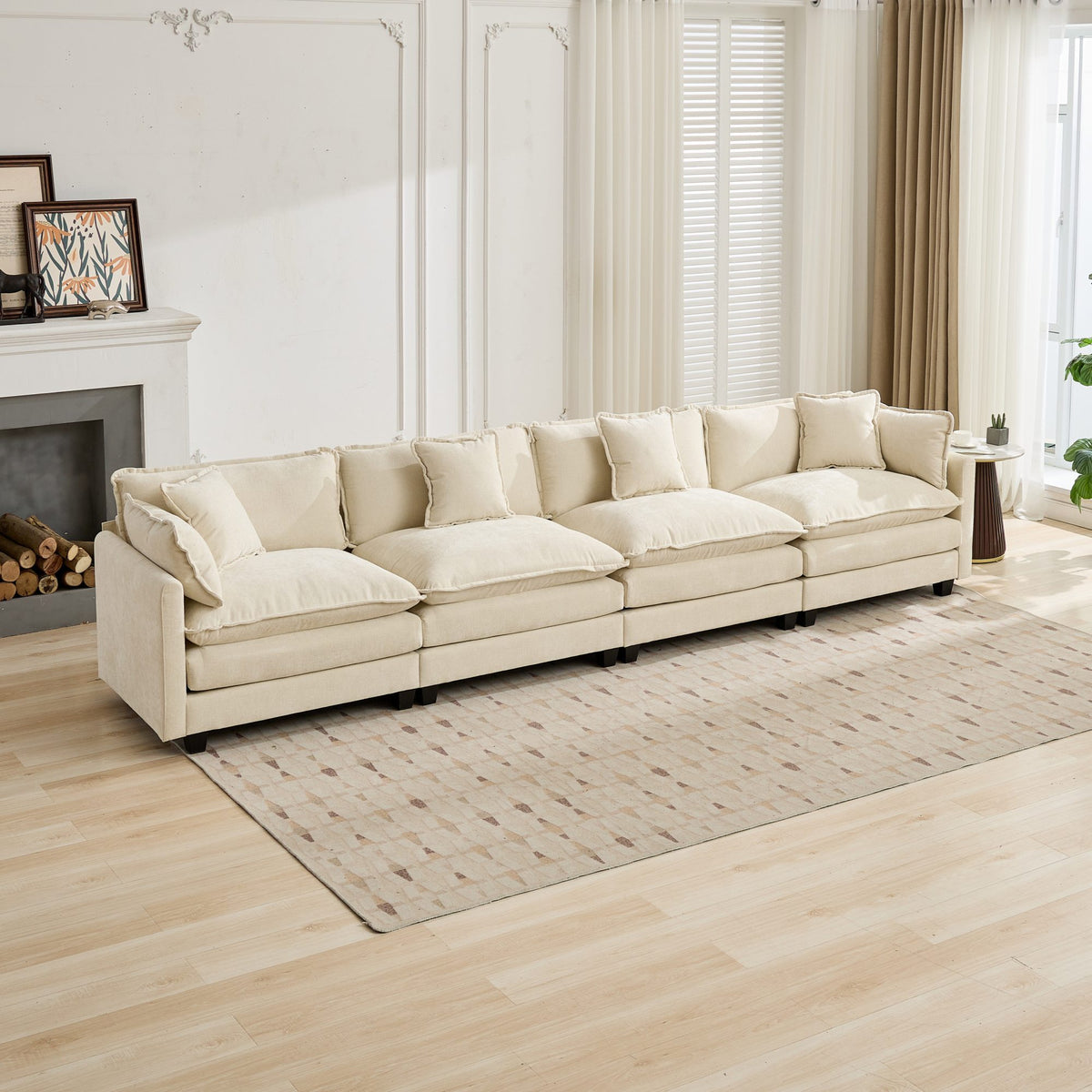 Beige chenille sectional sofa from Cloud Studio by Anthony & Home, featuring plush cushions and modern design.