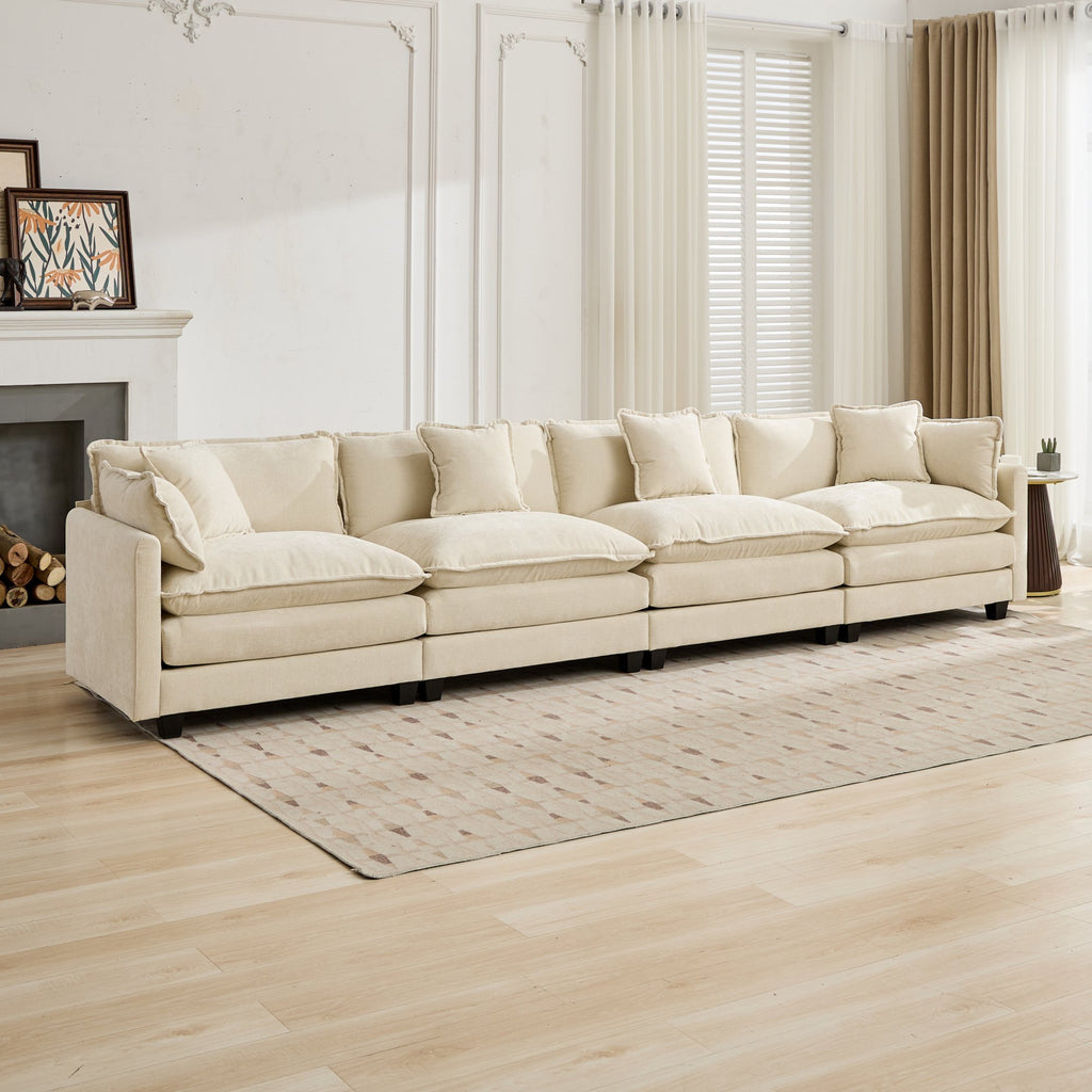 Beige chenille sectional sofa from Cloud Studio by Anthony & Home, showcasing plush fabric and modern design in a living room setting.