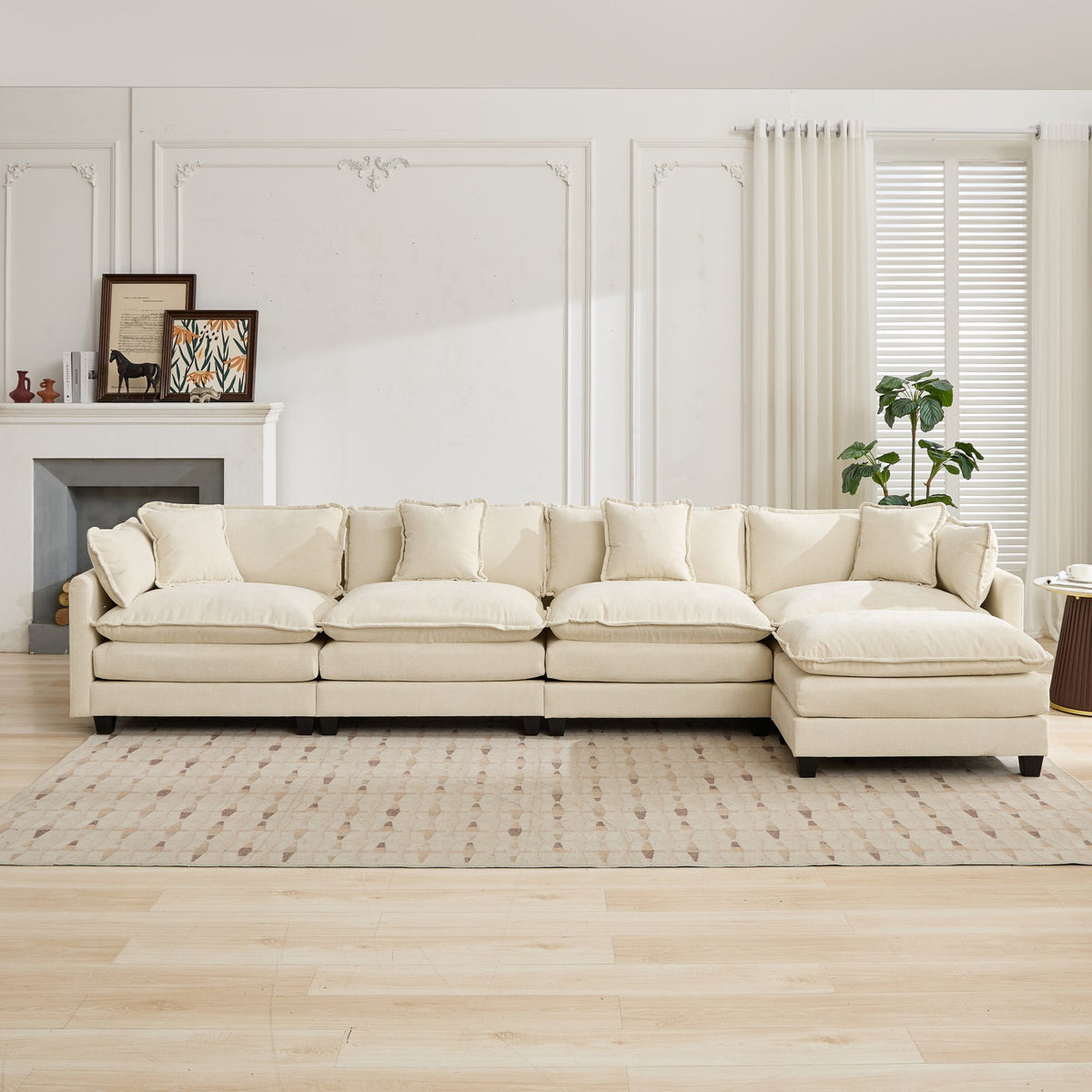 Beige chenille sectional sofa from Cloud Studio by Anthony & Home, featuring plush cushions and modern design.