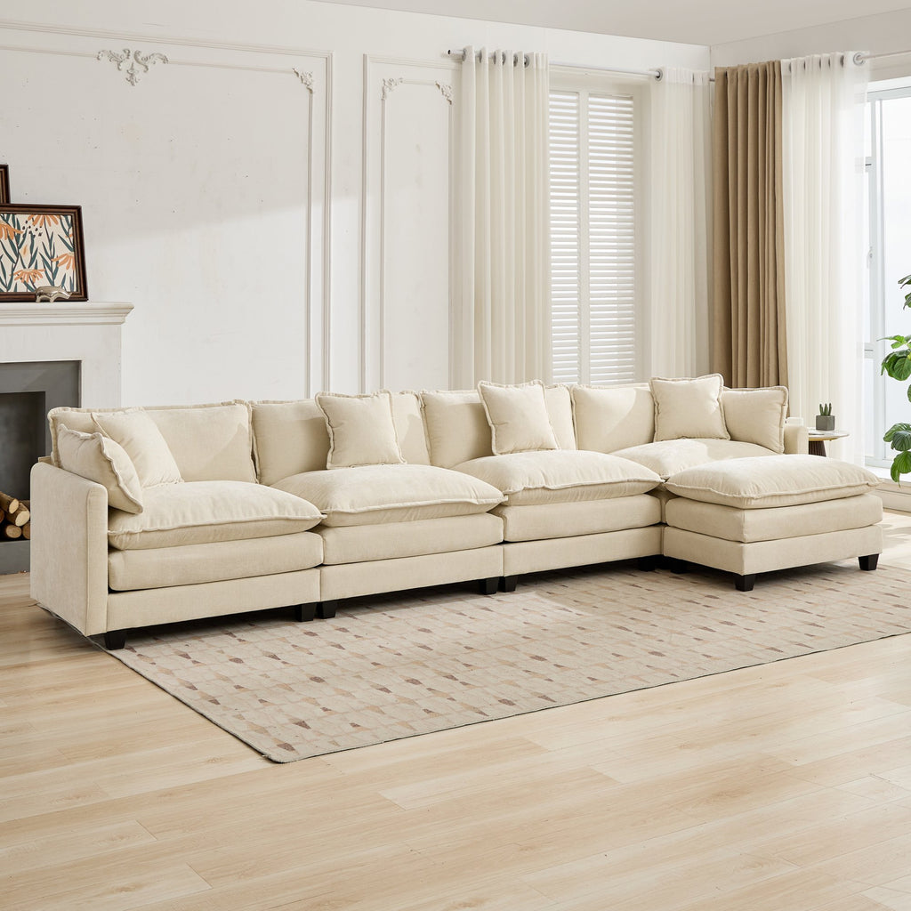 Beige chenille sectional sofa by Anthony & Home with plush cushions and modern design, ideal for stylish living rooms.