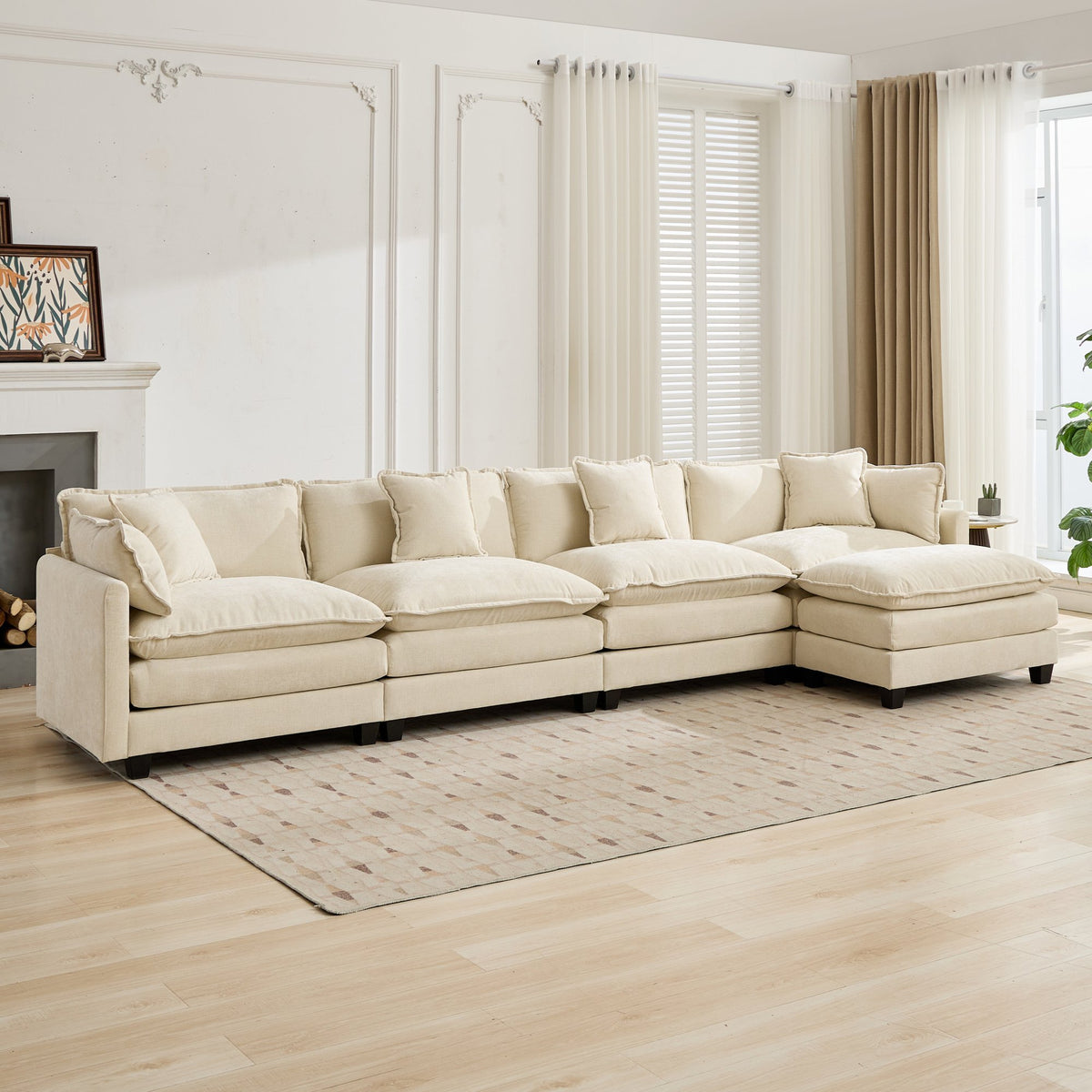 Beige chenille sectional sofa by Anthony & Home with plush cushions and modern design, ideal for stylish living rooms.