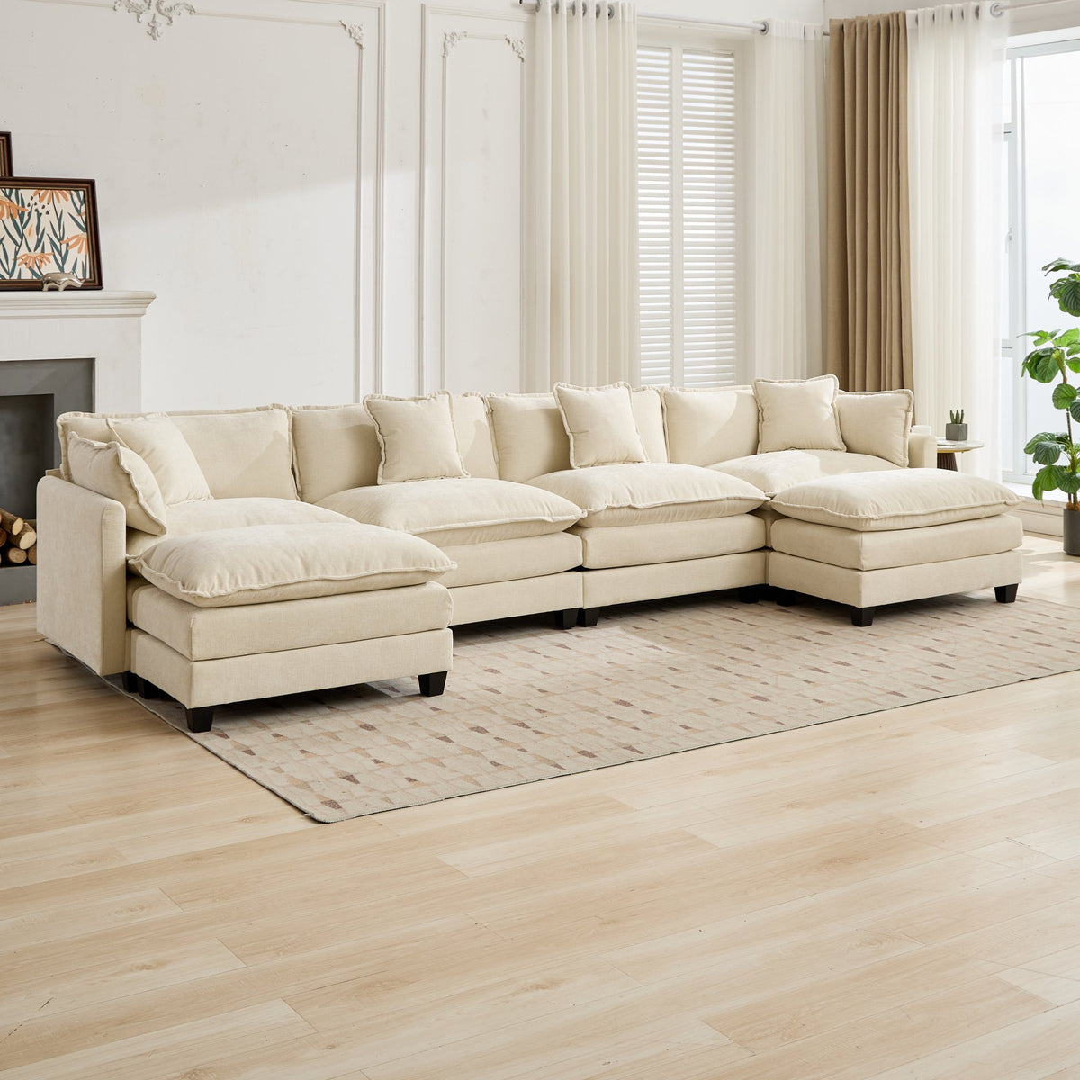 Beige chenille sectional sofa from Cloud Studio by Anthony & Home, featuring plush cushions and modern design.