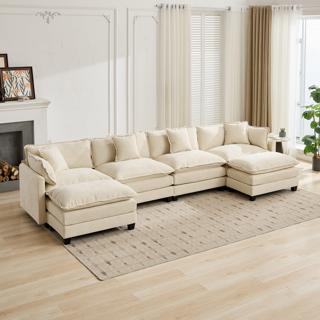Beige chenille sectional sofa from Cloud Studio by Anthony & Home, with plush cushions and modern design.