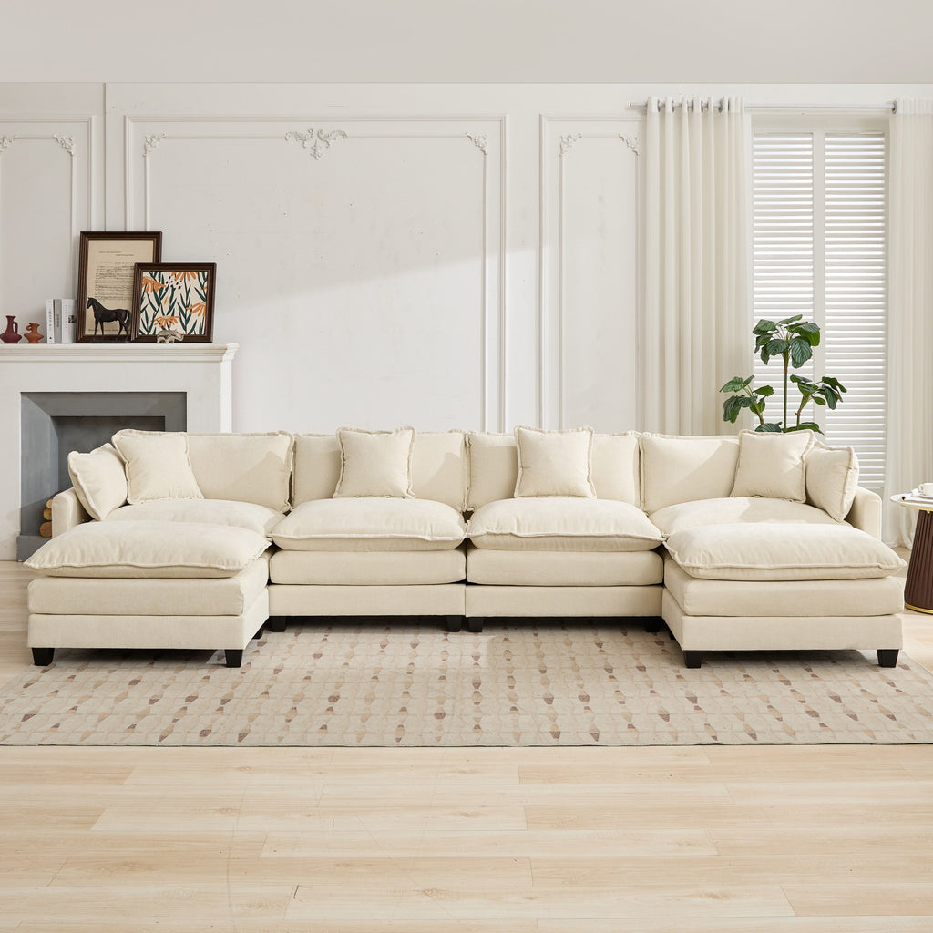 Beige chenille sectional sofa from Cloud Studio by Anthony & Home, featuring plush cushions and modern design.