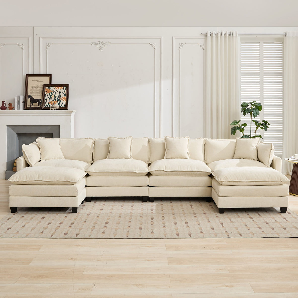 Beige chenille sectional sofa from Cloud Studio by Anthony & Home, featuring plush cushions and modern design.