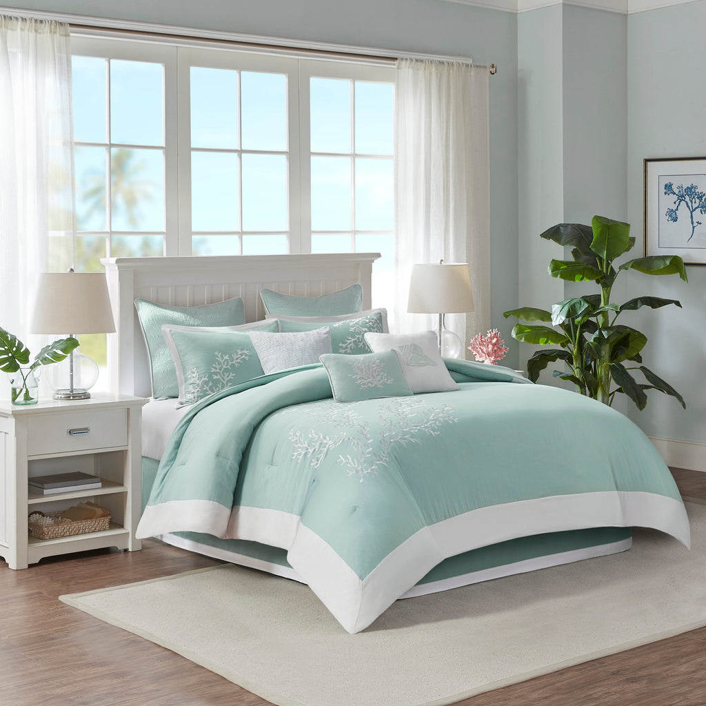 Anthony & Home Coastline cotton jacquard comforter set in king size with aqua design, featuring intricate woven patterns.