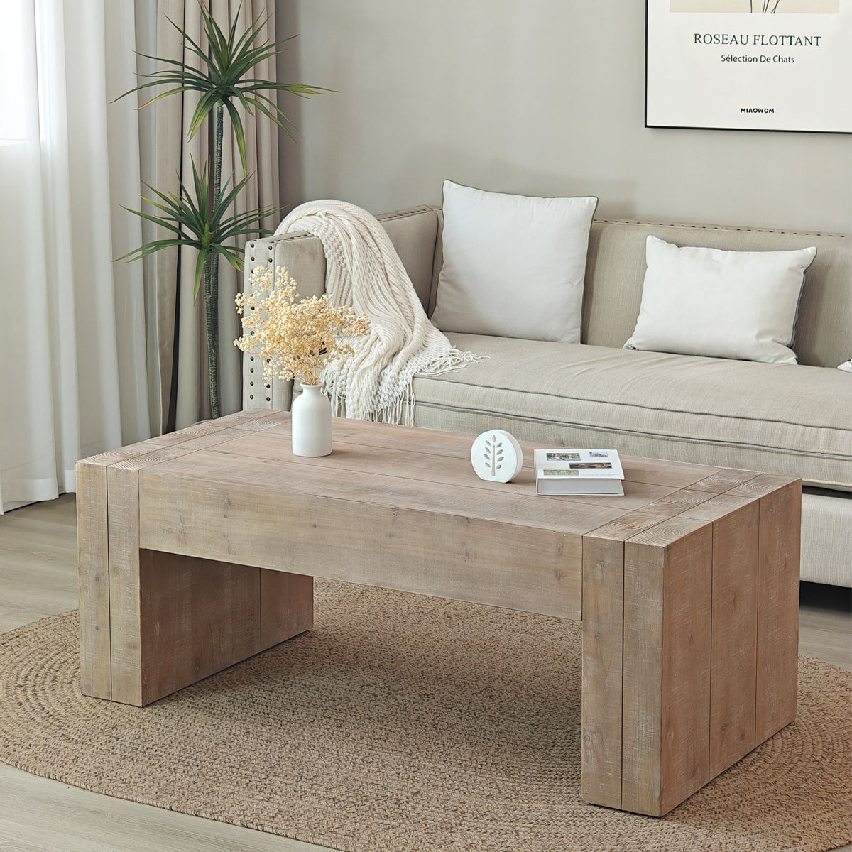Distressed natural finish engineered wood coffee table by Anthony & Home with sleek, rustic design and sturdy construction.