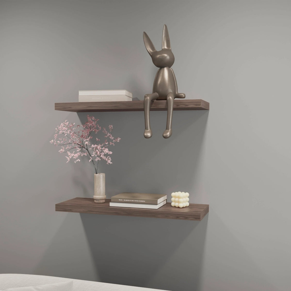 Cognac finish floating wall shelf from Anthony & Home's Atelier Collection, wall-mounted with a sleek, limited edition design.