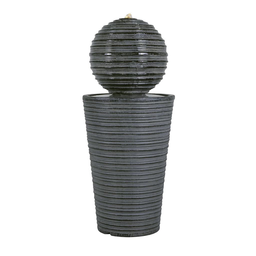 Gray concrete column fountain with striped finish, outdoor decor by Anthony & Home, limited edition, featuring a tall, elegant design