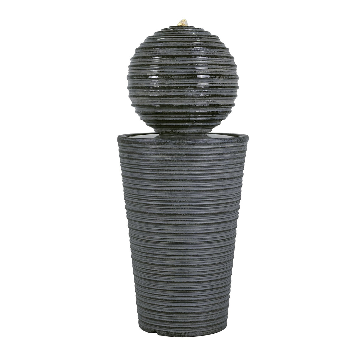 Gray concrete column fountain with striped finish, outdoor decor by Anthony & Home, limited edition, featuring a tall, elegant design