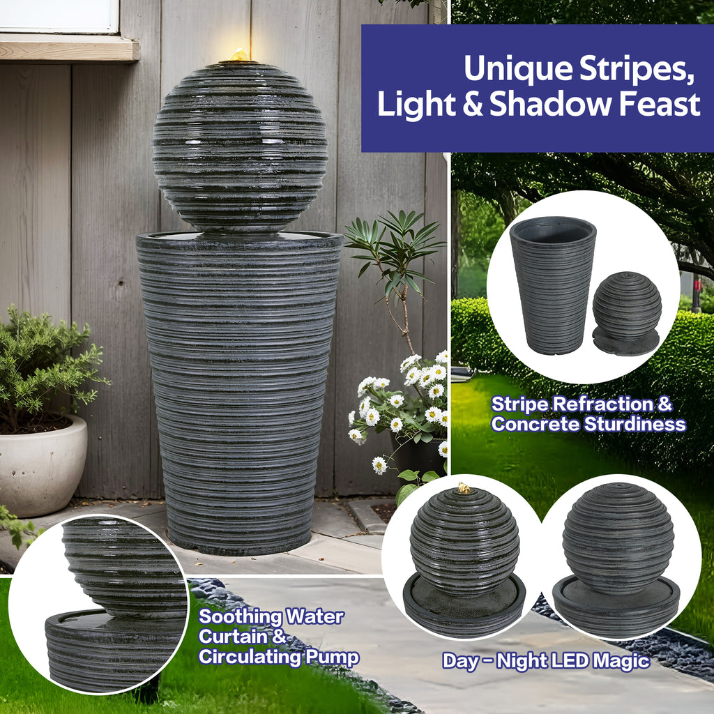 Gray concrete column fountain with striped finish, outdoor decor by Anthony & Home, showcasing a limited edition outdoor water feature.