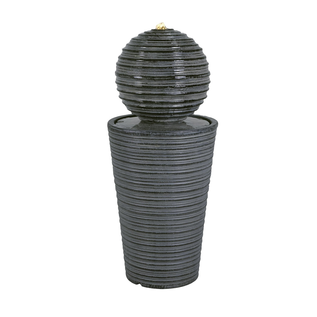 Gray concrete column fountain with striped finish, outdoor decor piece from Anthony & Home, showcasing a limited edition design.