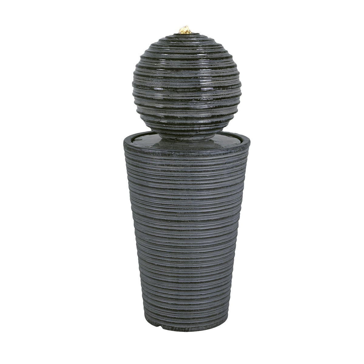 Gray concrete column fountain with striped finish, outdoor decor piece from Anthony & Home, showcasing a limited edition design.