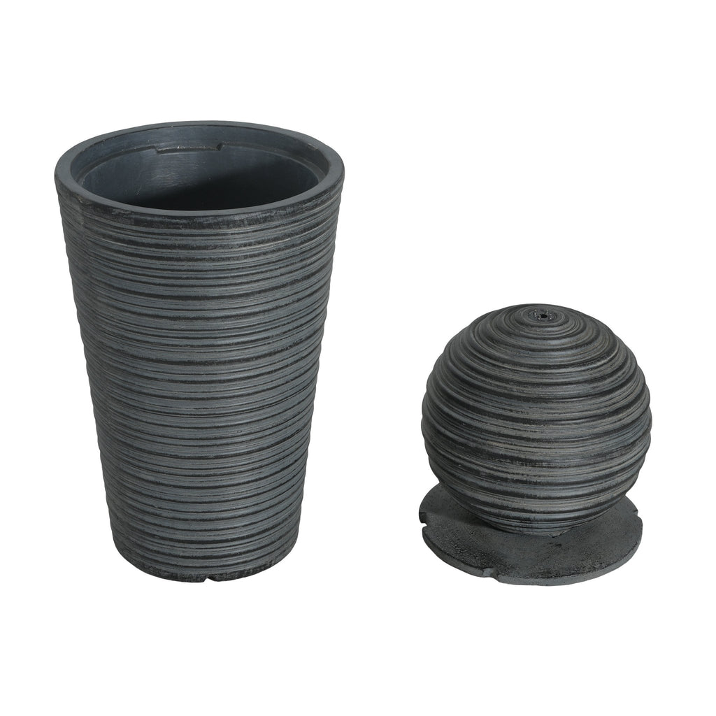 Gray concrete column fountain with striped finish, outdoor decor piece by Anthony & Home, limited edition garden water feature.